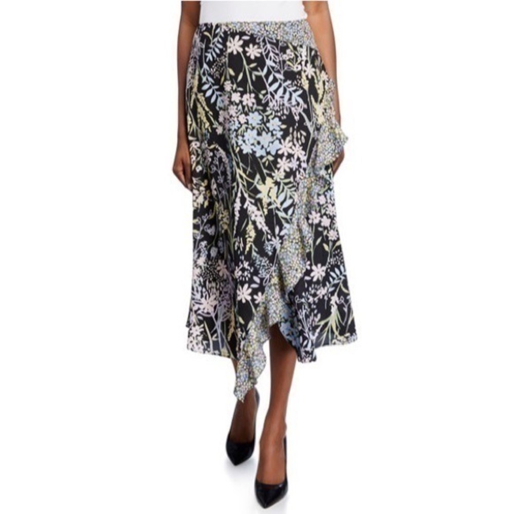 Calvin Klein Skirt Black Floral Ruffled Faux Wrap Midi Size L Dark Cottagecore
